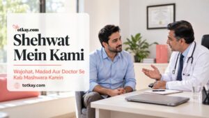 Ek mard clinic mein doctor ke saamne baith kar mashwara le raha hai, saath likha hai “Shehwat Mein Kami: Wajohat, Madad Aur Doctor Se Kab Mashwara Karein”.