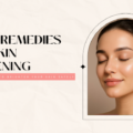 Home Remedies for Skin Whitening: Natural Ways to Brighten Your Skin Safely 8 An elegant beauty graphic for Home Remedies for Skin Whitening, featuring a woman with radiant, clear skin smiling with her eyes closed, framed in an archway design next to text promoting natural ways to brighten skin safely.