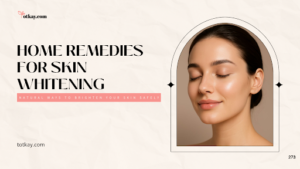An elegant beauty graphic for Home Remedies for Skin Whitening, featuring a woman with radiant, clear skin smiling with her eyes closed, framed in an archway design next to text promoting natural ways to brighten skin safely.
