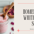Homemade Whitening Scrub Banany Ke Asaan Tareeqay (2026 Guide) 15 An instructional banner explaining how to make a homemade Whitening Scrub, displaying a clear glass jar of pink rose-infused sugar scrub with a wooden spoon, surrounded by dried pink rose petals.