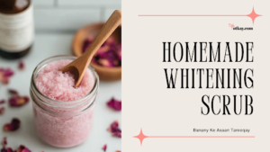 Homepage 25 An instructional banner explaining how to make a homemade Whitening Scrub, displaying a clear glass jar of pink rose-infused sugar scrub with a wooden spoon, surrounded by dried pink rose petals.