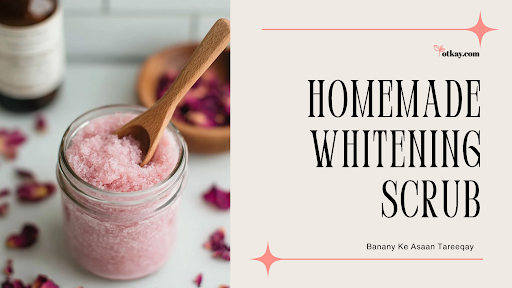 An instructional banner explaining how to make a homemade Whitening Scrub, displaying a clear glass jar of pink rose-infused sugar scrub with a wooden spoon, surrounded by dried pink rose petals.