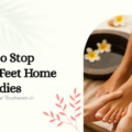 How to Stop Itchy Feet Home Remedies: Causes, Natural Treatments & Prevention 16 A holistic skincare graphic providing instructions on how to stop itchy feet home remedies, featuring a comforting foot massage beside a wooden soak bowl surrounded by blooming plumeria flowers.