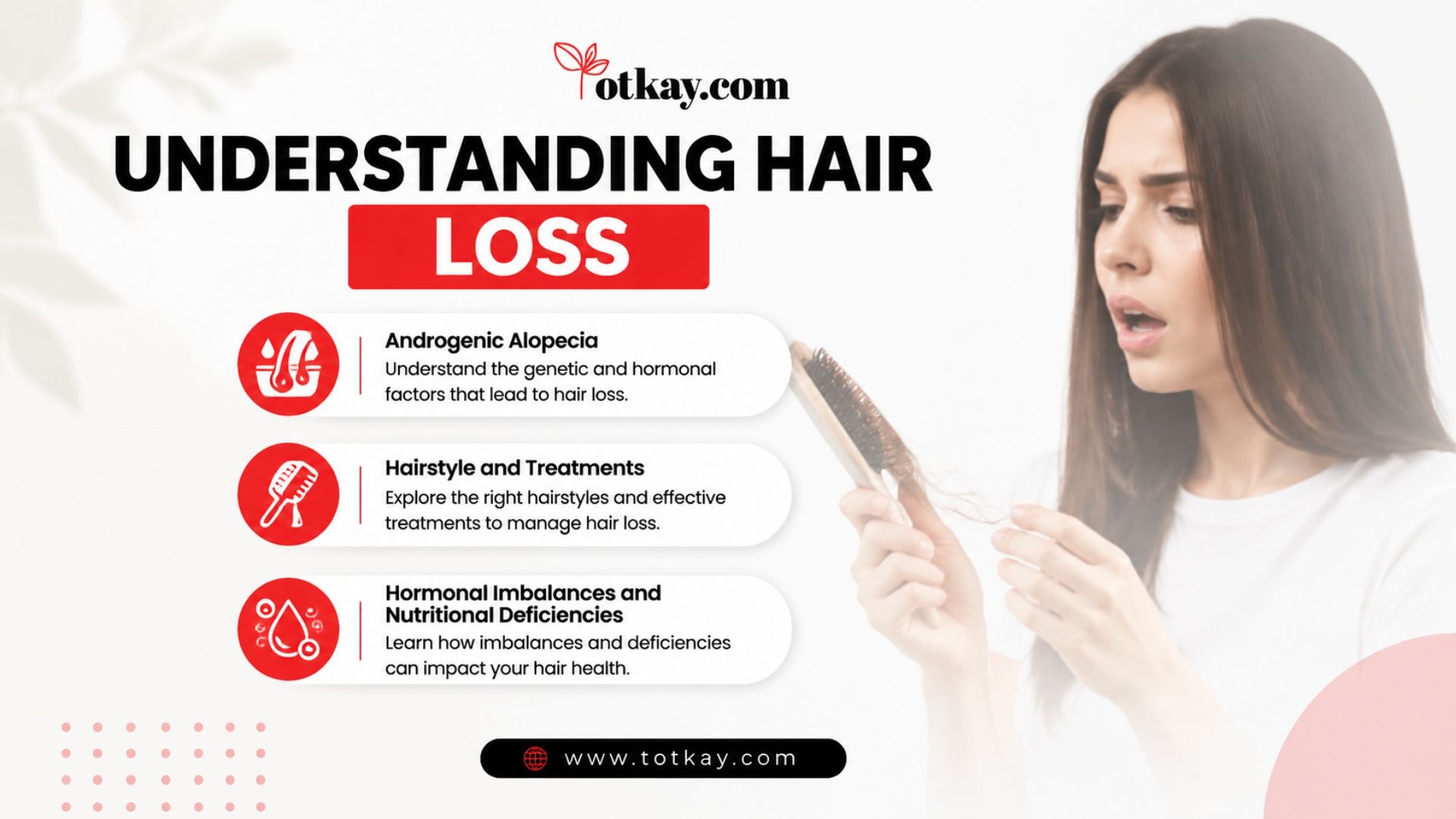 Hair Growth Remedies: Natural & Medical Solutions 2 Infographic titled "Understanding Hair Loss" featuring a concerned woman examining a comb filled with fallen hair, detailing causes like Androgenic Alopecia, Hairstyle & Treatments, and Hormonal Imbalances.
