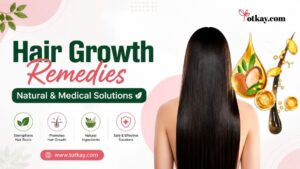 Homepage 21 Infographic titled "Hair Growth Remedies: Natural & Medical Solutions" showing the back of a woman with long, straight, healthy dark hair next to illustrations of oil droplets, hair follicles, and key benefit icons.