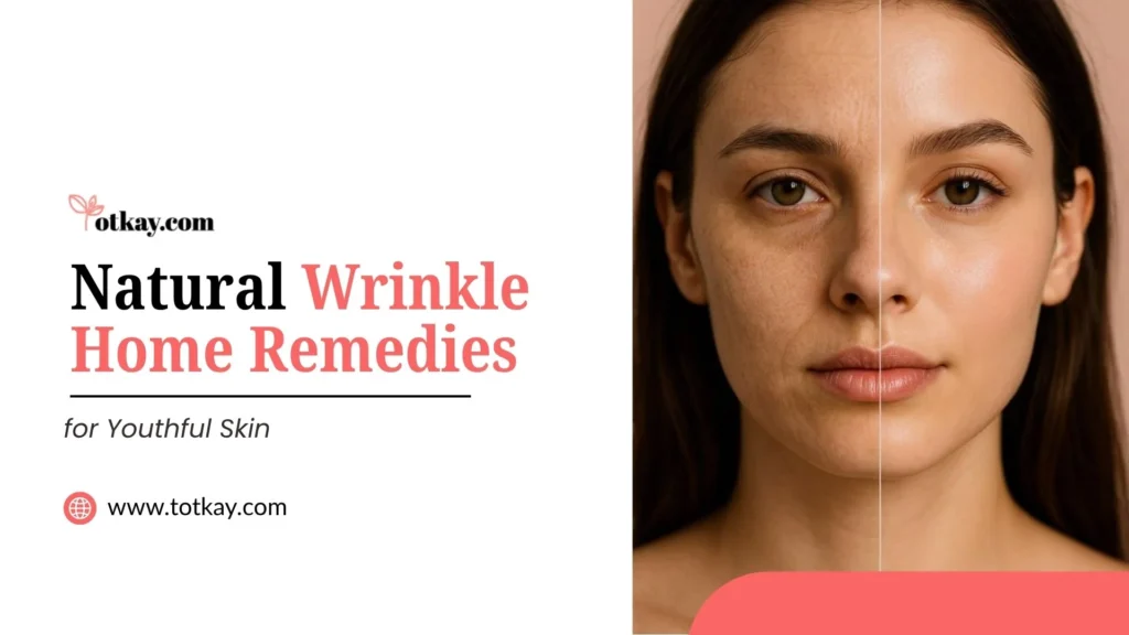 Title graphic reading "Natural Wrinkle Home Remedies for Youthful Skin" from totkay.com. Features a split photo showing a woman's face with wrinkles and fine lines on the left side contrasted with smooth, youthful skin on the right side. Website: www.totkay.com.