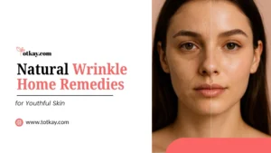 Title graphic reading "Natural Wrinkle Home Remedies for Youthful Skin" from totkay.com. Features a split photo showing a woman's face with wrinkles and fine lines on the left side contrasted with smooth, youthful skin on the right side. Website: www.totkay.com.