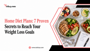 Homepage 22 Home diet plans banner featuring a balanced weight-loss meal with grilled chicken, whole grains, vegetables, fruit, nuts, water and a meal-planning notebook.