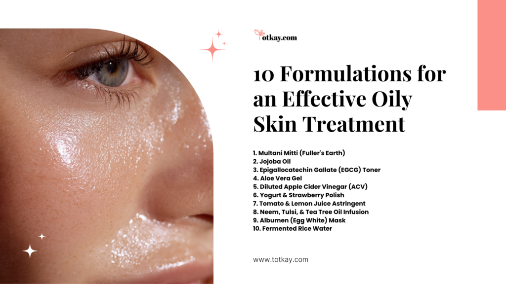 A macro close-up of glistening, highly-textured skin next to a list of ten natural ingredients like Multani Mitti and Aloe Vera, providing options for an effective oily skin home remedy.