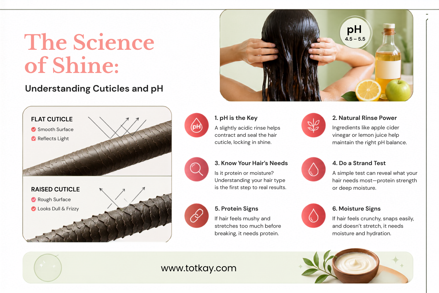 Educational graphic titled "The Science of Shine: Understanding Cuticles and pH." Features diagrams comparing flat cuticles (smooth, reflective) to raised cuticles (dull, frizzy), a photo of hair being washed, and 6 numbered tips covering pH balance, natural rinses, strand tests, and signs for protein or moisture needs.