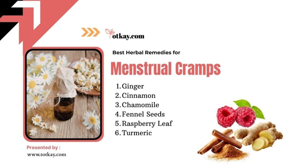 Top Natural Menstrual Cramp Remedies for Period Pain Relief 2 Herbal remedies for menstrual cramps listed with images of chamomile, raspberries, cinnamon, ginger, and turmeric.