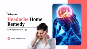 A man holding his head in pain is shown next to a 3D image of a brain inside a skull, with text about headache home remedy and natural relief tips.