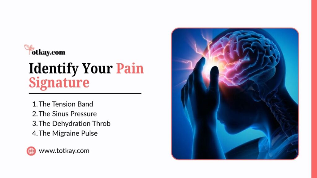 Headache Home Remedy: Fast Natural Relief Tips 2 Infographic slide titled "Identify Your Pain Signature" by totkay.com, listing four headache types: The Tension Band, The Sinus Pressure, The Dehydration Throb, and The Migraine Pulse, accompanied by a profile graphic of a glowing brain with electric pain signals near the forehead.