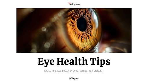 A macro close-up image of a hazel human eye's intricate iris structure, paired with bold headline text outlining essential Eye Health Tips and questioning vision health hacks.