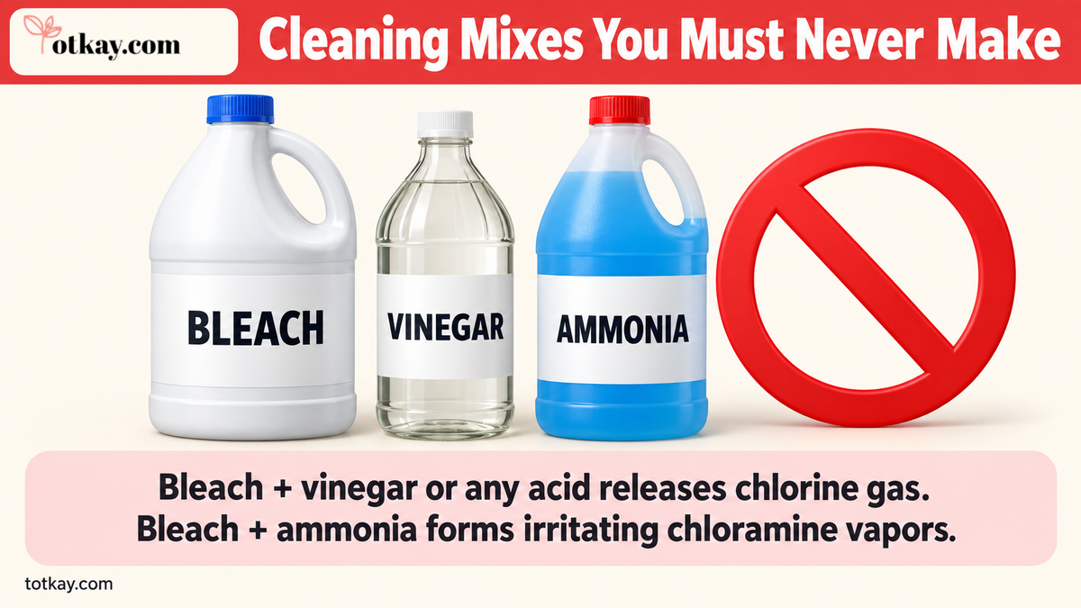DIY Cleaning Products: Homemade Cleaner Recipes and Safety Tips 4 Safety warning showing bleach, vinegar and ammonia bottles that must never be mixed during cleaning.