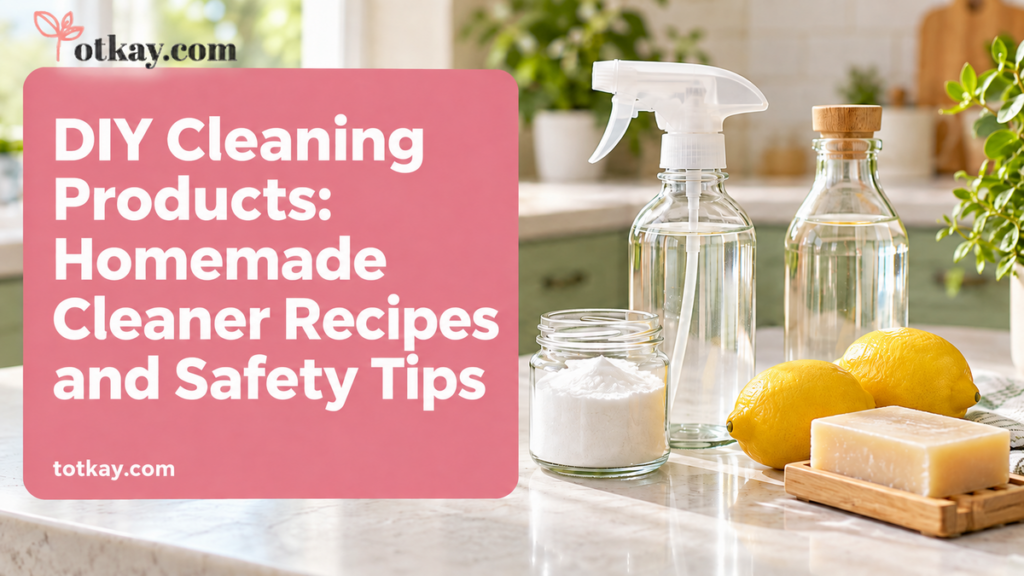 DIY cleaning products with vinegar, baking soda, lemons, castile soap and a spray bottle on a kitchen counter.