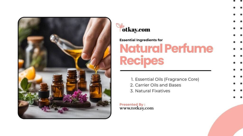 Essential ingredients for natural perfume recipes, including essential oils, carrier oils and natural fixatives