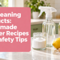 DIY Cleaning Products: Homemade Cleaner Recipes and Safety Tips 12 DIY cleaning products with vinegar, baking soda, lemons, castile soap and a spray bottle on a kitchen counter.