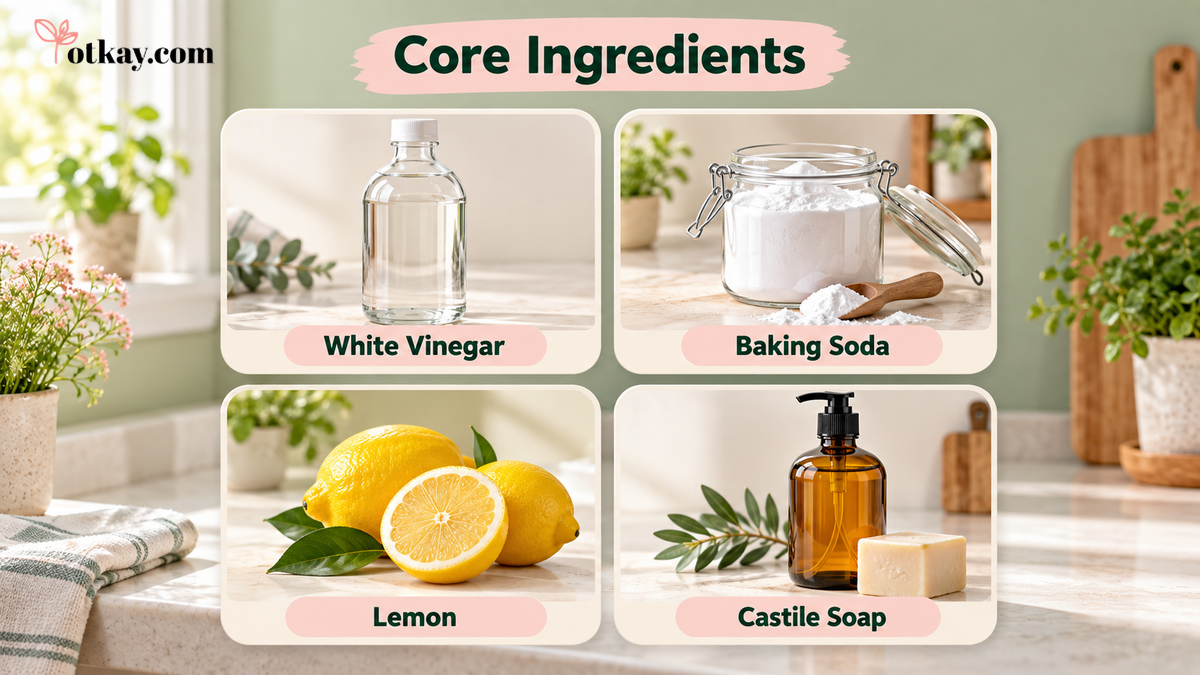 DIY Cleaning Products: Homemade Cleaner Recipes and Safety Tips 2 Vinegar, baking soda, lemon and castile soap arranged as core ingredients for homemade cleaning products.
