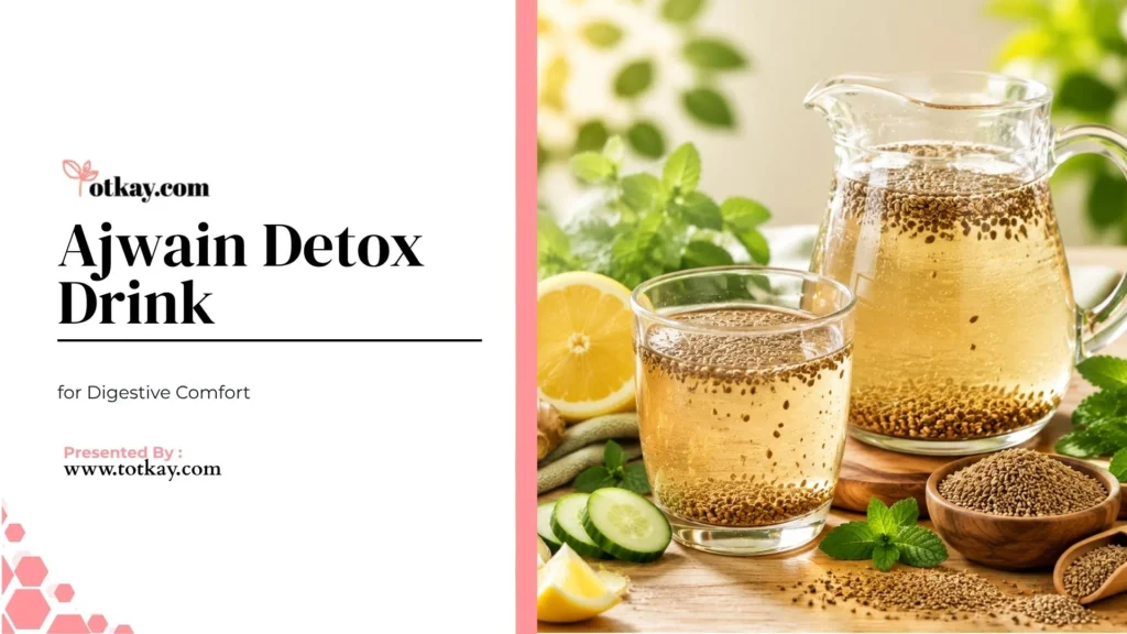 Detox Water for Gut Health: Easy Desi Totkay Recipes 4 Glass and pitcher of ajwain detox drink with ajwain seeds, lemon, cucumber, and fresh mint leaves on a wooden table.