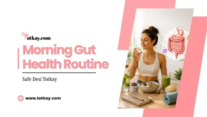 Homepage 12 A woman sits at a table with healthy breakfast foods, a smoothie, and a glass of water. Next to her, text reads Morning Gut Health Routine with a website link and an illustration of a digestive system.