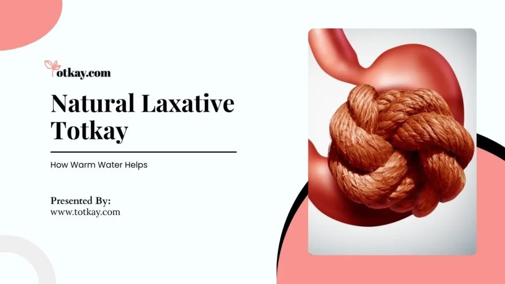 Illustration of a stomach tied in a rope knot symbolizing constipation, with text about natural laxative using warm water.