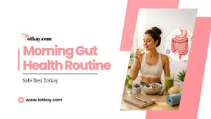 Homepage 10 A woman sits at a table with healthy breakfast foods, a smoothie, and a glass of water. Next to her, text reads Morning Gut Health Routine with a website link and an illustration of a digestive system.