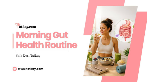 A woman sits at a table with healthy breakfast foods, a smoothie, and a glass of water. Next to her, text reads Morning Gut Health Routine with a website link and an illustration of a digestive system.