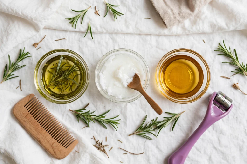 Figure 2: My weekly scalp kit. Rosemary oil diluted to 3% in carrier, coconut oil for porosity, castor for edges, wooden comb to reduce static breakage, and 0.5mm derma roller (single user, alcohol sterilized). I never use undiluted essential oil directly on scalp.