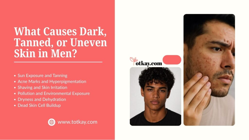 Informational slide titled "What Causes Dark, Tanned, or Uneven Skin in Men?" by totkay.com, featuring photos of men with skin concerns and listing causes such as sun exposure, acne marks, shaving irritation, pollution, dryness, and dead skin buildup.