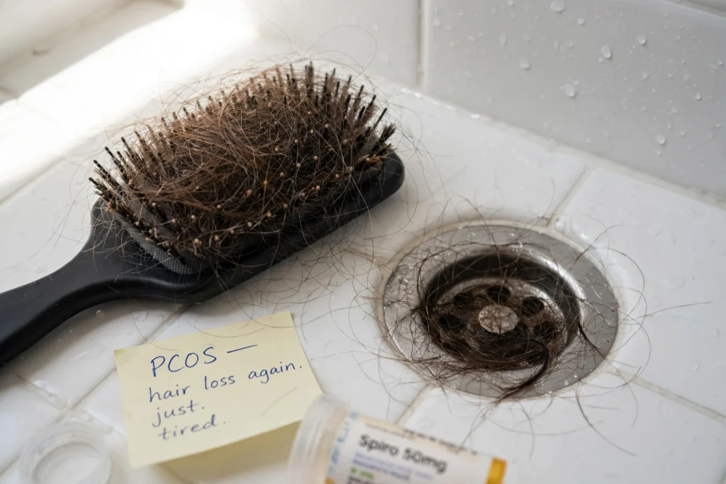 Figure 1: My real shedding on a bad week. Brush holds ~100 strands from one detangle (mostly crown and temple area), drain catcher after one wash, and my sticky-note tracker. Note the miniaturized thin hairs vs. thick shed hairs — classic for androgenetic + insulin resistance shedding. Photo taken Day 3 of cycle.