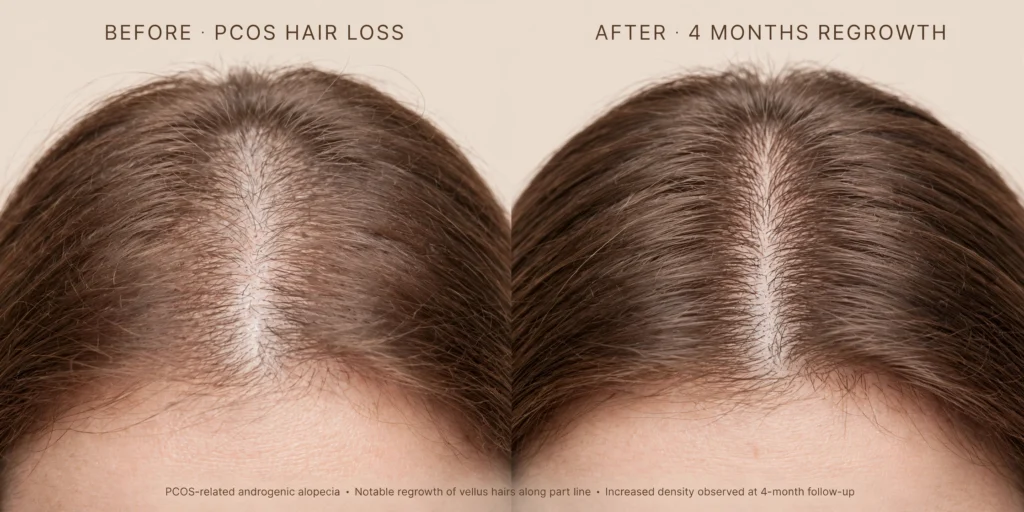 Figure 3: Before — middle part width ~8mm with ~28% density at crown (Trichoscopy estimate), visible miniaturized hairs. After 4 months — part width ~4mm, new vellus and intermediate hairs along part, reduced scalp show-through. Same lighting, same overhead bathroom light, no fibers. Density still not 100% but shed dropped from ~100/day to ~25/day.