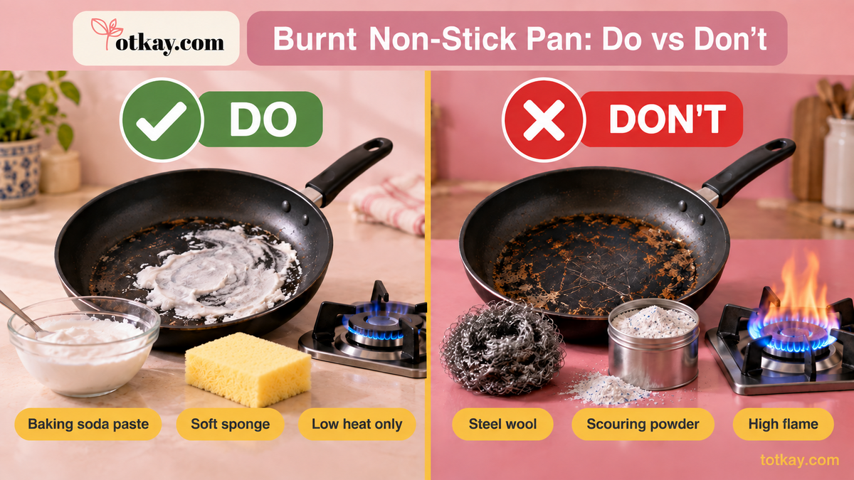 Do and don’t comparison for cleaning a burnt non-stick pan with baking soda, a soft sponge and low heat.