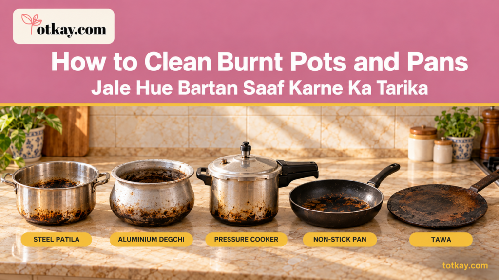 Five burnt pots and pans arranged in a Pakistani kitchen, including steel patila, aluminium degchi, pressure cooker, non-stick pan and cast-iron tawa.