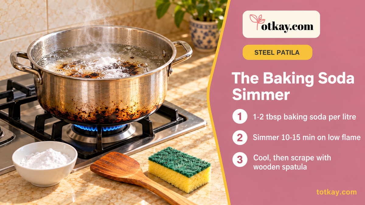 Burnt steel patila simmering with baking soda and water on a low gas flame for easier cleaning.