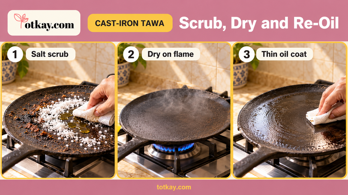 Three-step method for cleaning a burnt cast-iron tawa using a salt scrub, low-flame drying and a thin oil coating.