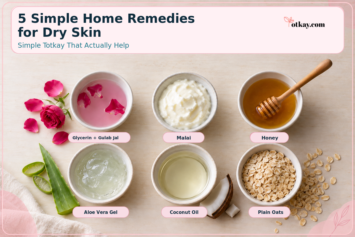 Home Remedies for Dry Skin in Winter: Simple Totkay That Actually Help 2 Dry skin home remedies comparison infographic featuring glycerin and rose water, malai and honey, aloe vera, coconut oil and oatmeal soak.