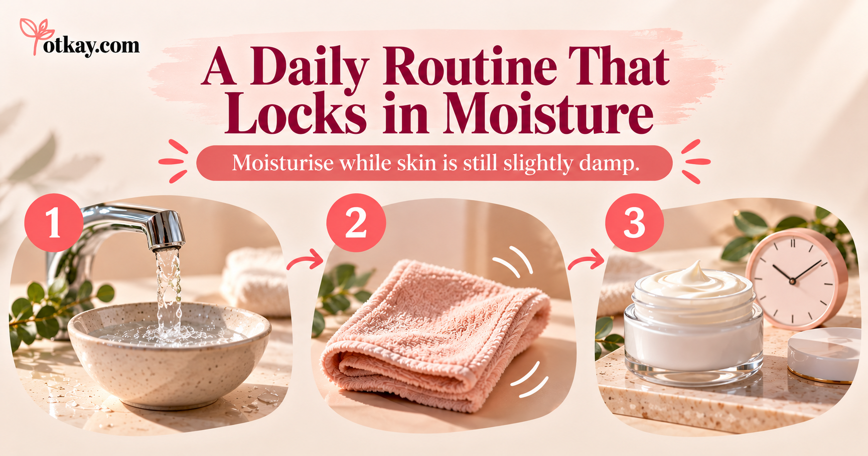 Home Remedies for Dry Skin in Winter: Simple Totkay That Actually Help 3 Daily moisturizing routine for dry skin showing gentle cleansing, patting dry with a towel and applying moisturizer to damp skin.