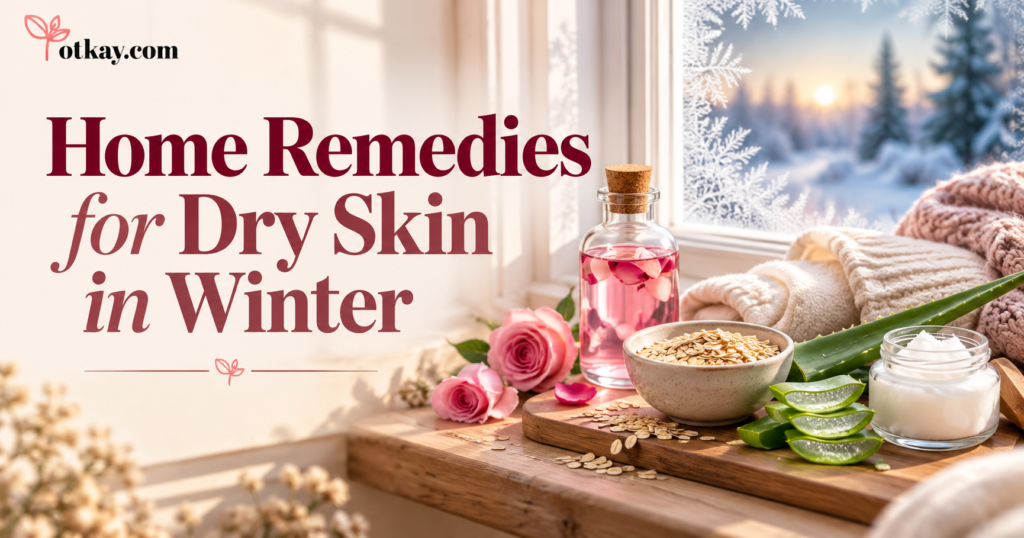 Home remedies for dry skin in winter featuring rose water, oatmeal, aloe vera and coconut oil beside a frosty window.